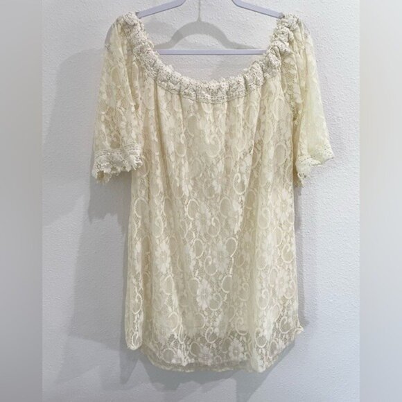 Umgee Boho Western Crochet Lace Mini Dress Shabby Chic Neutral On Off Shoulder - Picture 1 of 6